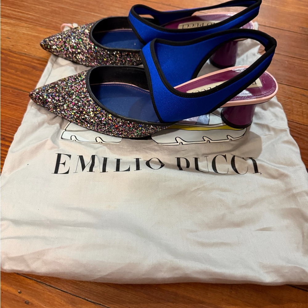 Authentic Emilio Pucci Glitter and Blue Slingback Heels size 38.5 - Picture 2 of 6